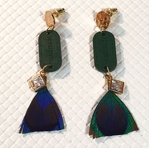 Boho Green Feather, Wood & Goldtone Metal Earings